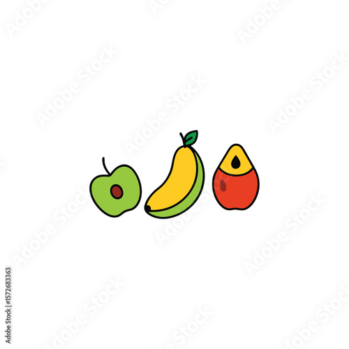 A green apple, a yellow banana, and a red pear