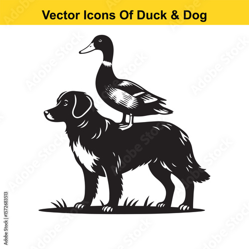 Dog and Duck Vector Illustration Bundle – Hunting, Wildlife, and Animal Interaction Poses