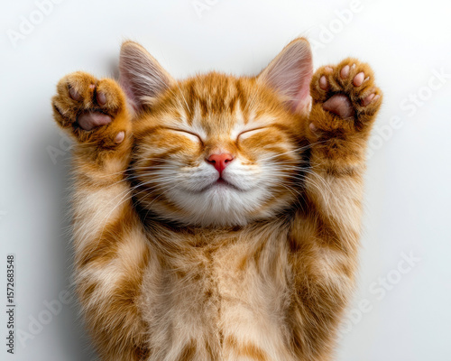 This adorable orange tabby cat is peacefully sprawled out, paws up in the air, showcasing a heartwarming expression of contentment and relaxation.