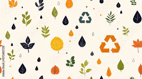 Sustainable Seamless Recycling Loop with Leaf and Water Drop Icons on Cream Paper Texture