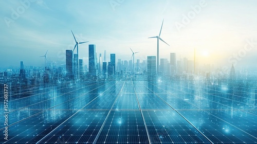 Corporate Sustainable Energy Background: Wind Turbine and Solar Panel Gradient with Teal Silver Palette
