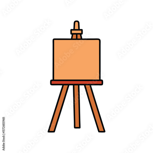 Wooden easel with orange canvas isolated on white background