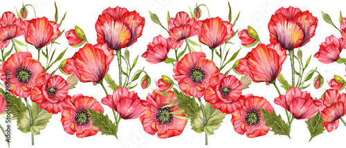 Seamless Poppy Garland with Flowers and Leaves. Botanical Seamless Horizontal  Background. Poppy Watercolor Illustration. Red Poppy Flower Design. Poppies garland seamless. Poppy Border Frame
