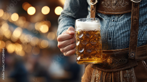 Man Holding a Beer Mug at Oktoberfest. AI generative