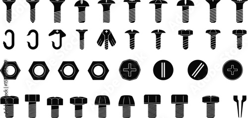 Collection of black silhouette icons representing various types of screws nuts and bolts