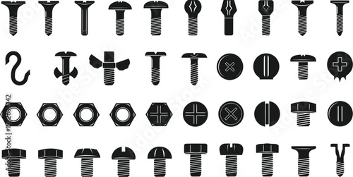 Collection of black and white silhouette icons representing various types of screws bolts and nuts