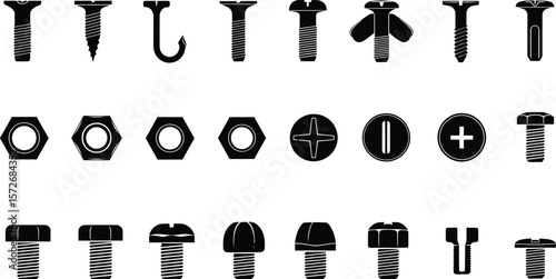 Collection of black silhouettes of various screws nuts and bolts on white background