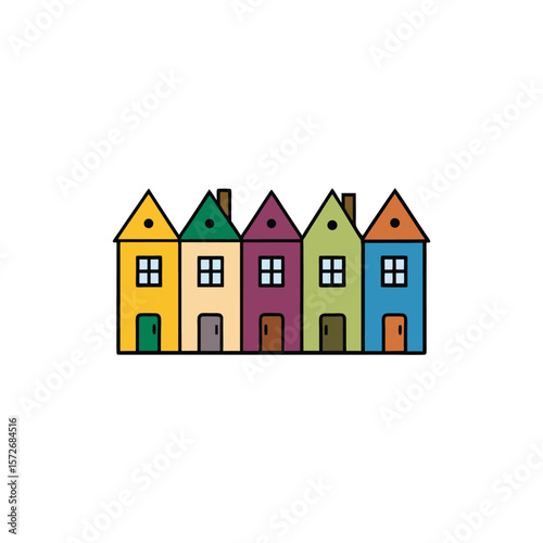 A row of five colorful houses stands in a line