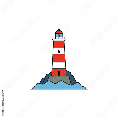 A red and white striped lighthouse stands tall on rocks