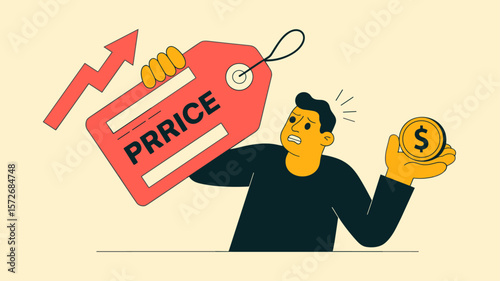 worried consumer holding a coin faces a rising price tag, vector illustration for inflation, decreased purchasing power and rising cost of living