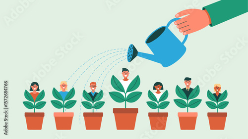 manager's hand watering diverse employees as growing plants in pots, vector illustration for investing in people, team growth and human resource development