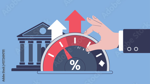 hand adjusting interest rate gauge with bank in background, vector illustration for central bank policy, monetary regulation and inflation control