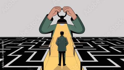 manager with lantern guiding employee through a maze, vector illustration for leadership, mentorship and guiding a team through challenges