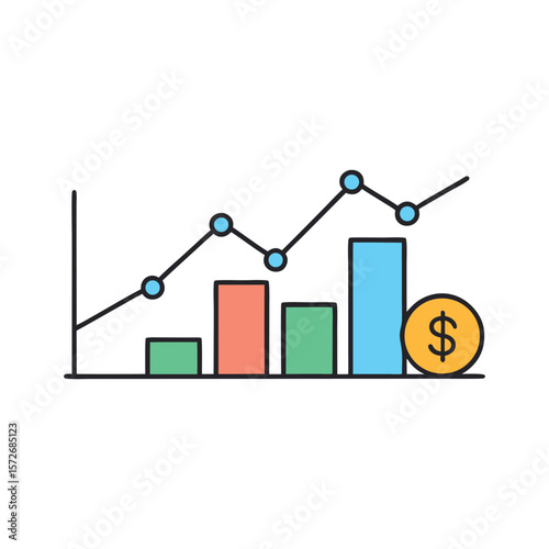 A line graph showing upward growth with a coin