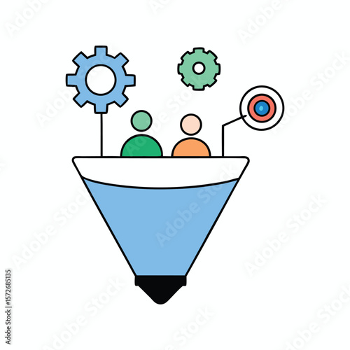 A sales funnel illustration with gears and target