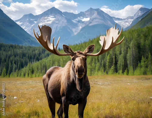 Moose Against the Backdrop of Mountains with blue sky. A natural background.