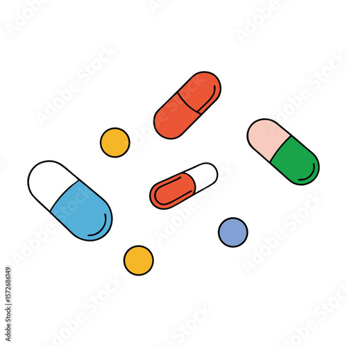 Colorful pills and capsules are scattered