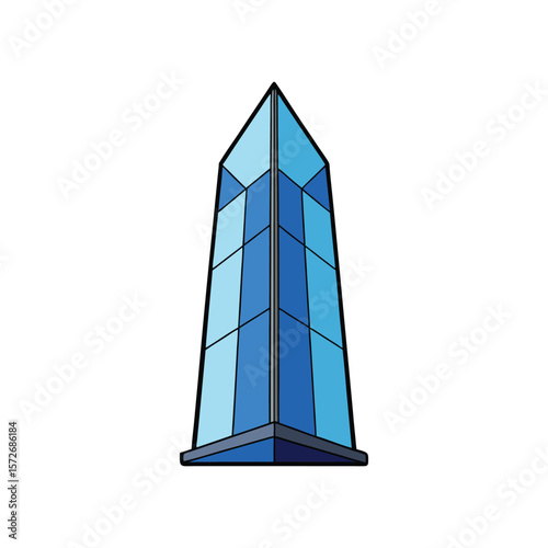 A tall blue glass skyscraper stands in the city