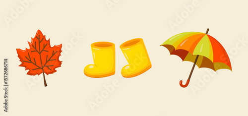 Colorful autumn clipart set with a red maple leaf, yellow rain boots, and umbrella. Hand-drawn cartoon style illustration perfect for seasonal designs, children’s products, greeting cards, posters.