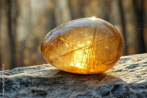 Glowing amber rutilated quartz crystal egg on stone surface at sunset, with golden light shining through mineral inclusions against blurred forest background.