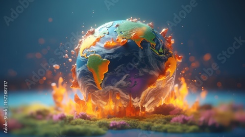 Fototapeta Naklejka Na Ścianę i Meble -  Burning blue planet in space with a global sun and stars illuminating the atmosphere