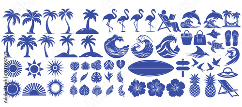 Summer Bank Holiday Beach Vacation beautiful Silhouette Icons – Tropical Elements, Palm Trees, Waves, Suns, Flamingos, Surfboards, and Holiday Symbols for Design Projects, full bundle set, blue theme 