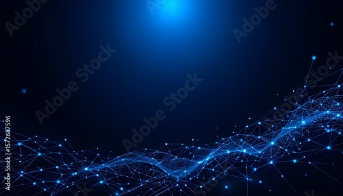 Modern Dark Blue Banner with Abstract Geometric Light Patterns and Tech-Inspired Network Design