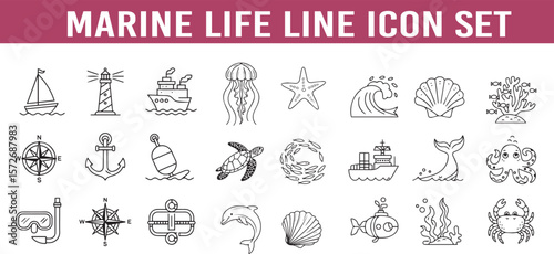 Marine Life line icon set, marin, sea, nautical, icon, line, ocean, underwater, vector, set, outline, stroke, pictogram, illustration, thin, linear, symbol ,sailboat, lighthouse, ship, anchor, vector