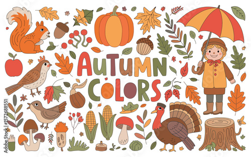 Set of Isolated Autumn Elements – Colorful Flat Vector Illustration Featuring Fall Leaves, Nature Symbols, Seasonal Objects in EPS Format for Cards, Posters, Stickers, and Web Design

