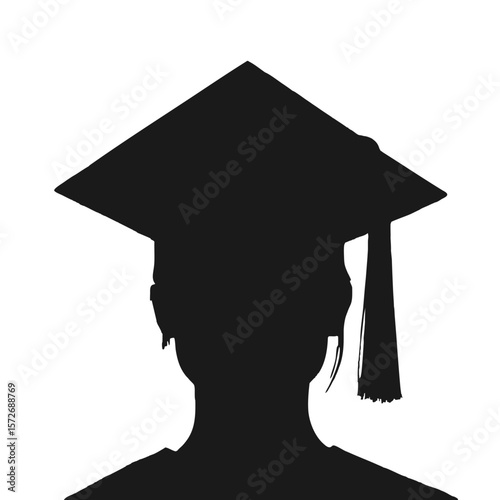 silhouette portrait of graduate woman, wearing black cap and gown