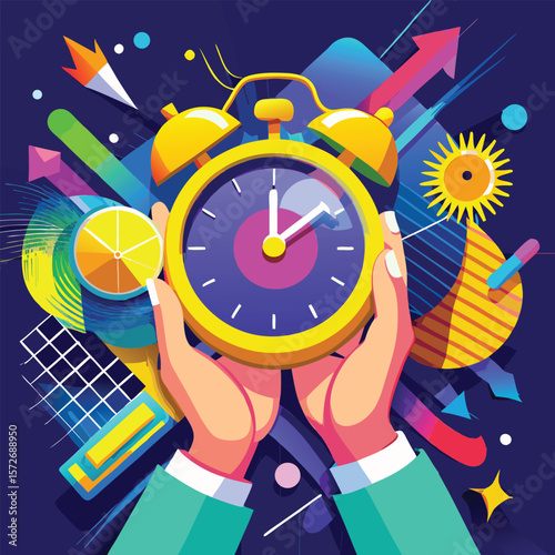 Hands holding a bright yellow alarm clock with colorful abstract shapes and arrows silhouette