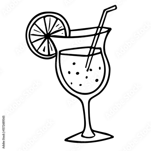 Doodle sketch vector illustration of a cocktail glass with lemon slice on transparent background for drink and party design