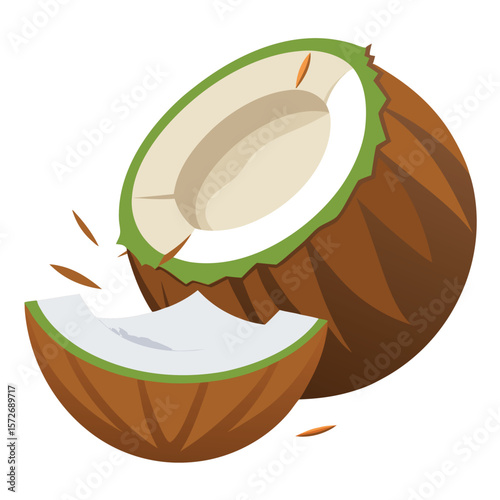 A fresh coconut broken open, showing the water and white meat, symbolizing tropical vacation and healthy living.