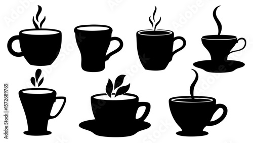 Vector set of coffee and tea cup icons. Includes various mug and cup shapes, perfect for cafe branding, menu design, beverage illustrations, and hot drink concepts.
