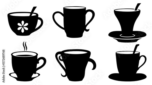 Vector set of coffee and tea cup icons. Includes various mug and cup shapes, perfect for cafe branding, menu design, beverage illustrations, and hot drink concepts.