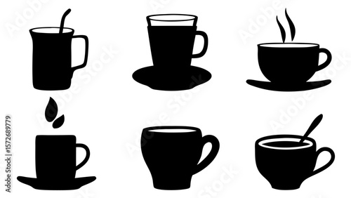 Vector set of coffee and tea cup icons. Includes various mug and cup shapes, perfect for cafe branding, menu design, beverage illustrations, and hot drink concepts.