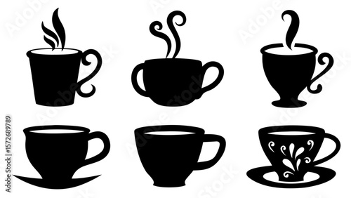 Vector set of coffee and tea cup icons. Includes various mug and cup shapes, perfect for cafe branding, menu design, beverage illustrations, and hot drink concepts.