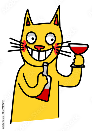 Illustration of a cat drinking wine