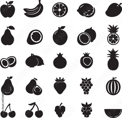 Vector art of a set of black fruit icons on transparent background