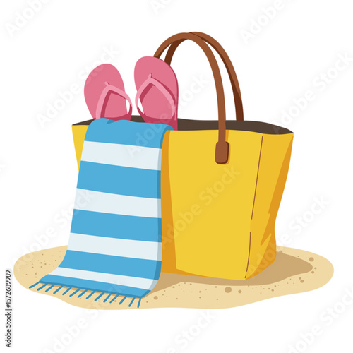 Beach set with pink flip-flops, towel, and bag on sand, minimalist isolated vector illustration, summer travel and vacation concept