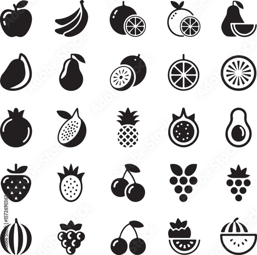 Vector art of a delightful set of black and white fruit icons isolated on transparent background