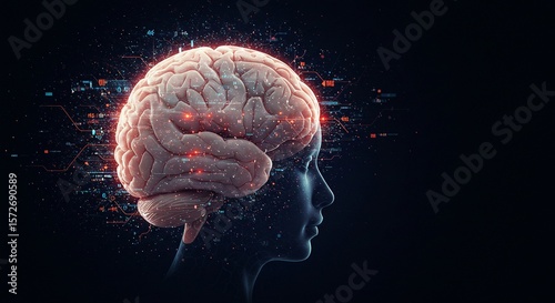 Human Brain Connected to Digital Network, Neuralink Interface, Brain-Computer Interface Technology, Artificial Intelligence