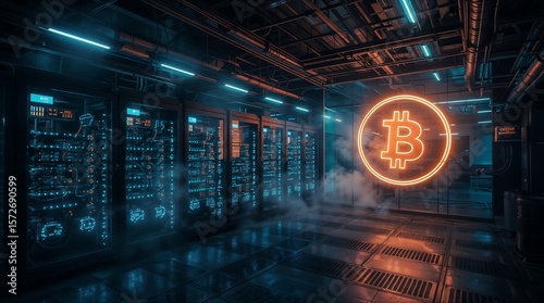 Cyberpunk Bitcoin Mining Facility – Glowing Servers & Liquid-Cooled Rigs in Futuristic Underground Vault