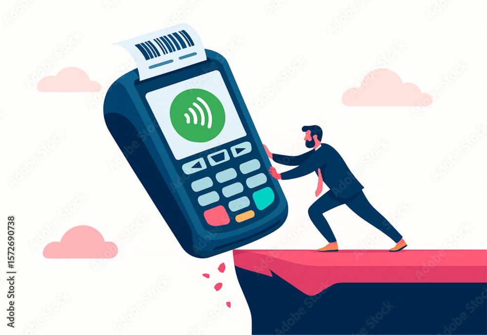 Businessman pushes giant POS terminal away from cliff edge in digital finance and cashless economy concept
