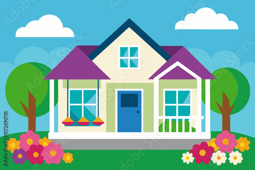 Two Story Suburban Home With Porch Swing And Vibrant Garden