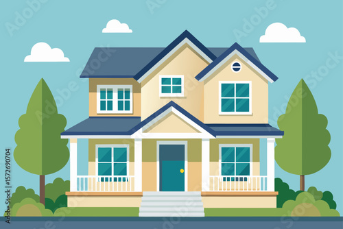 Two Story Suburban House With Porch And Lush Summer Greenery