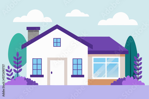 Suburban House With White Walls And Summer Lavender