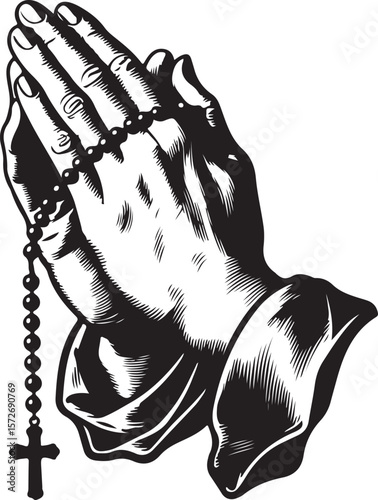 Praying Hands Silhouette Vector with Rosary, Religious Clipart Symbol for Faith