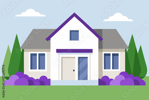 Suburban House With White Walls And Summer Lavender