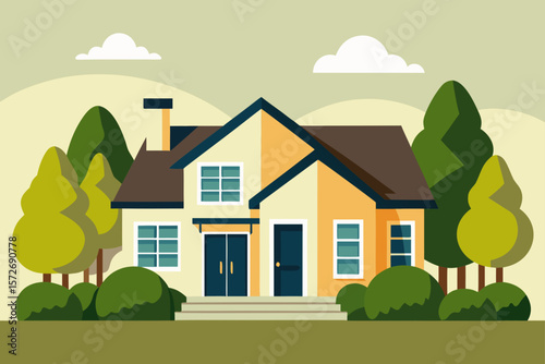 Suburban House With Trimmed Bushes And Summer Sun